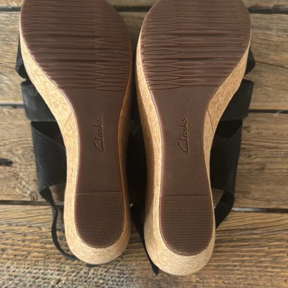 Clarks Black Wedge Sandals with Cork Platform - Picture 4 of 5